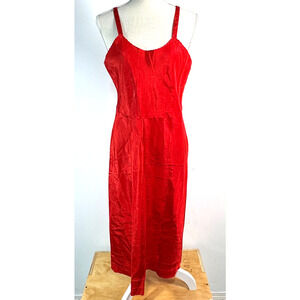 Vintage Red Slip Dress‎ - Acetate Taffeta with Scallop Detail - Mid Length Sz M